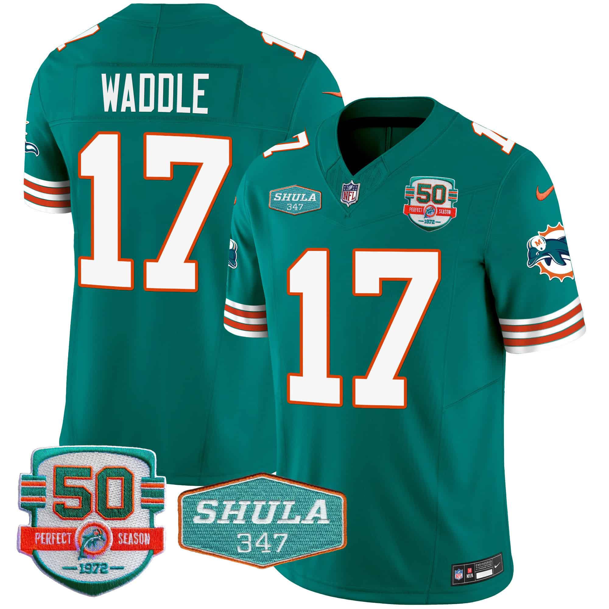 Men Miami Dolphins #17 Waddle Green 2024 Nike Throwback Shula 347 Patch Vapor NFL Jersey style 1